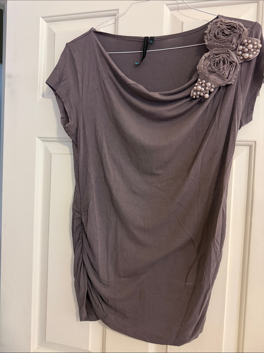 Women’s Taupe Floral Accent Draped Neck Top